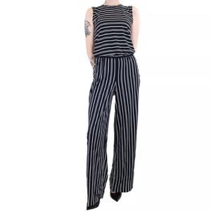 Lauren Ralph‎ Lauren Jumpsuit S Striped Sleeveless Wide Leg Button Trim Navy